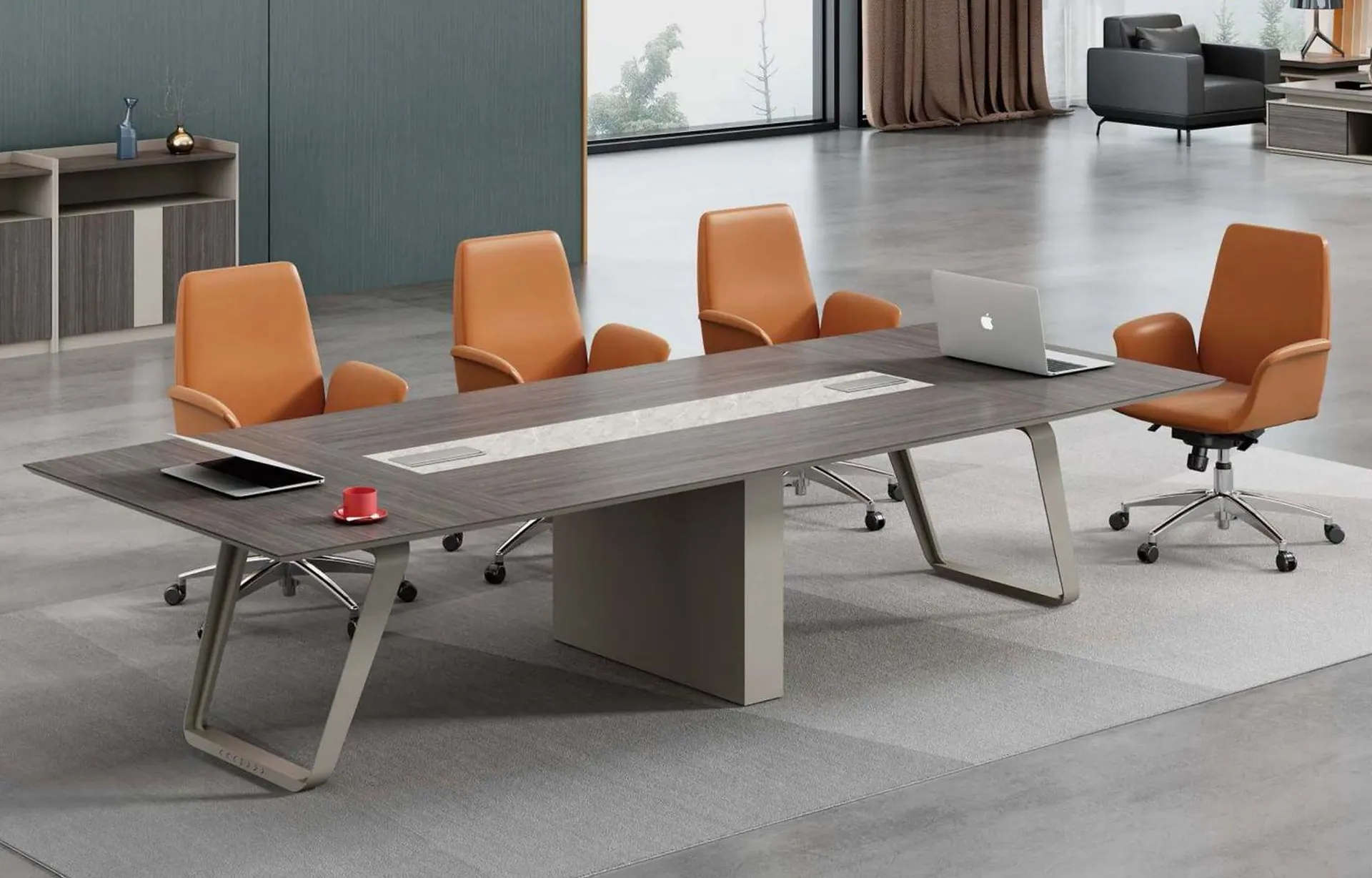 Allvero meeting table with orange leather chairs